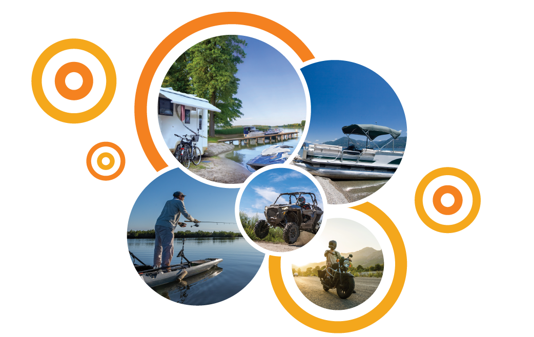 Collage of recreation photos including a pull-behind trailer camper, a fishing boat, a pontoon, a jet ski, a motorcycle, and a UTV.